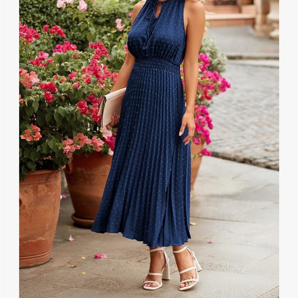 Blue Pleated V-Neck with Tie Sleeveless Midi Dress